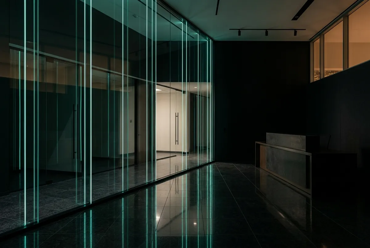 Modern abstract architectural geometry suggesting legal authority and Austin Texas — dark glass facade with mint accent reflection.