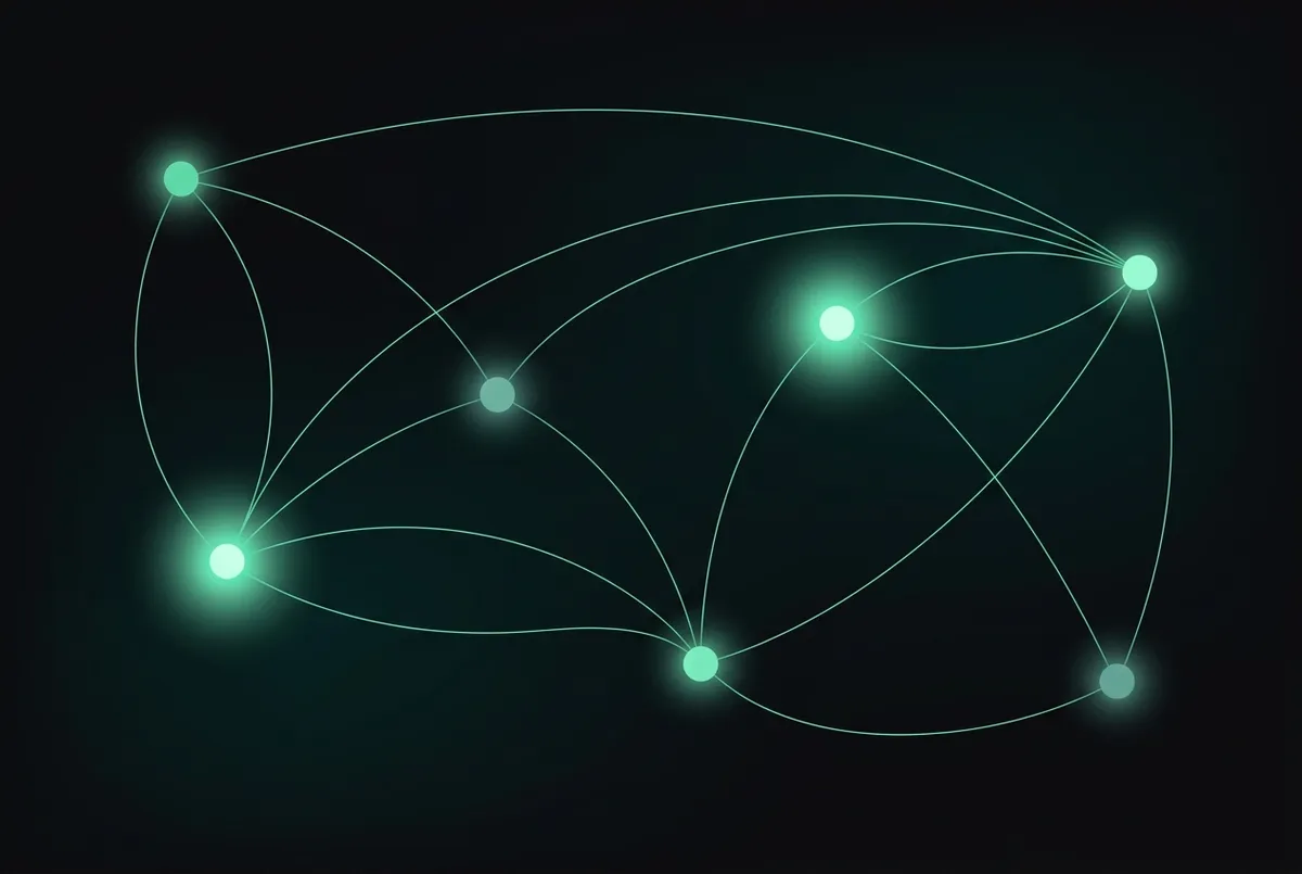 Softly glowing mint nodes spread wide across a dark field and joined by thin curving lines — the DOT physical network drawn as a routing diagram.