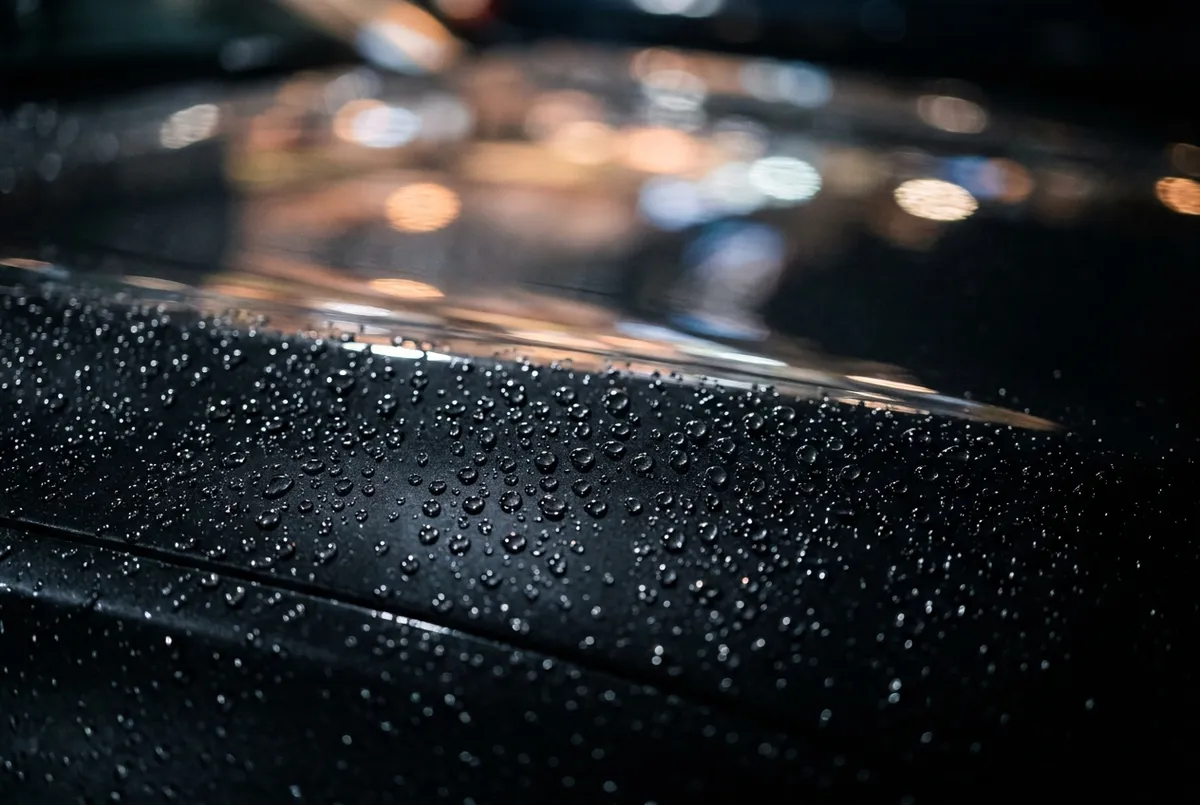 A glossy black vehicle freshly detailed, water beading on the paint surface in a parking lot, midday sun — Hub City Detail.