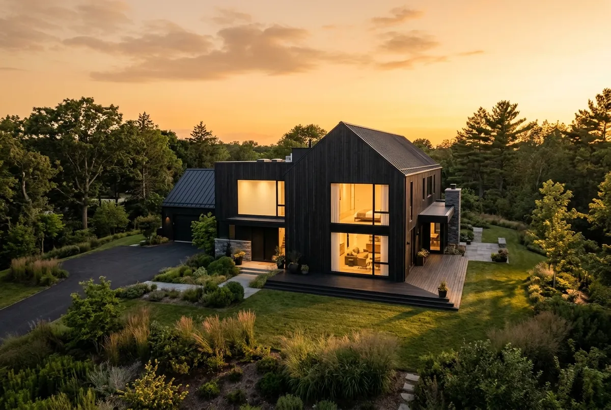 A modern dark-clad home photographed from drone altitude at golden hour — Lighthaus Studio real estate media.